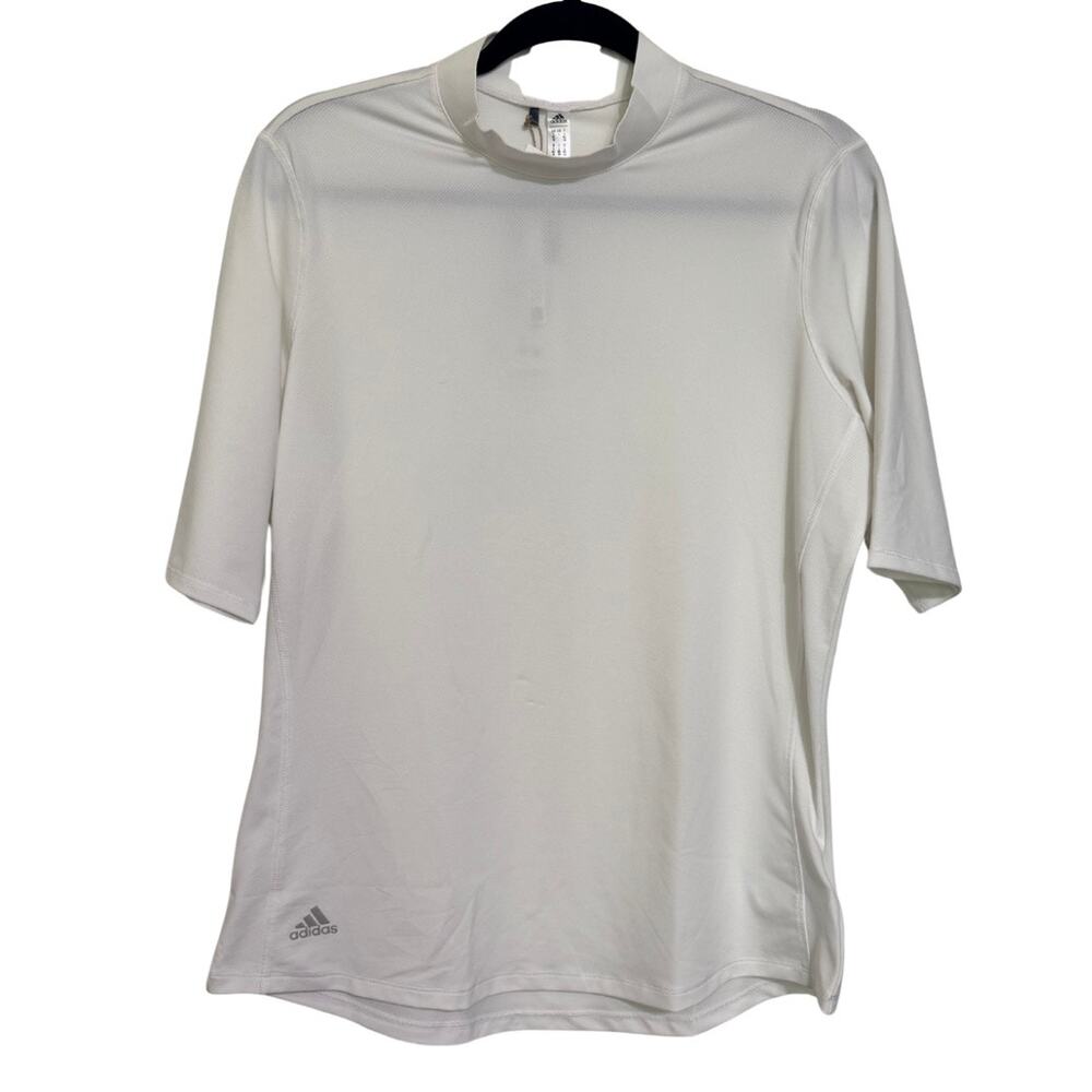 ADIDAS Womens Mock Neck Short Sleeve Textured Polo Shirt Golf White NWT Large